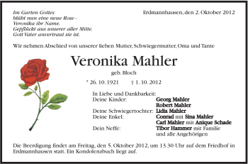 Traueranzeige von Veronika Mahler von Marbacher Zeitung