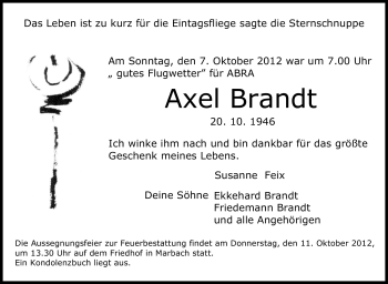 Traueranzeige von Axel Brandt von Marbacher Zeitung