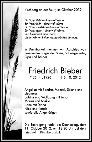 Traueranzeige von Friedrich Bieber von Marbacher Zeitung