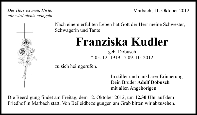  Traueranzeige für Franziska Kudler vom 11.10.2012 aus Marbacher Zeitung