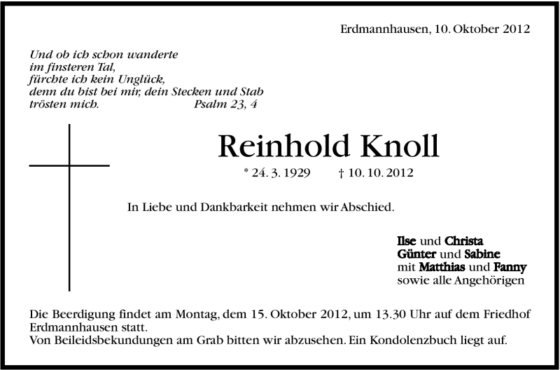  Traueranzeige für Reinhold Knoll vom 12.10.2012 aus Marbacher Zeitung