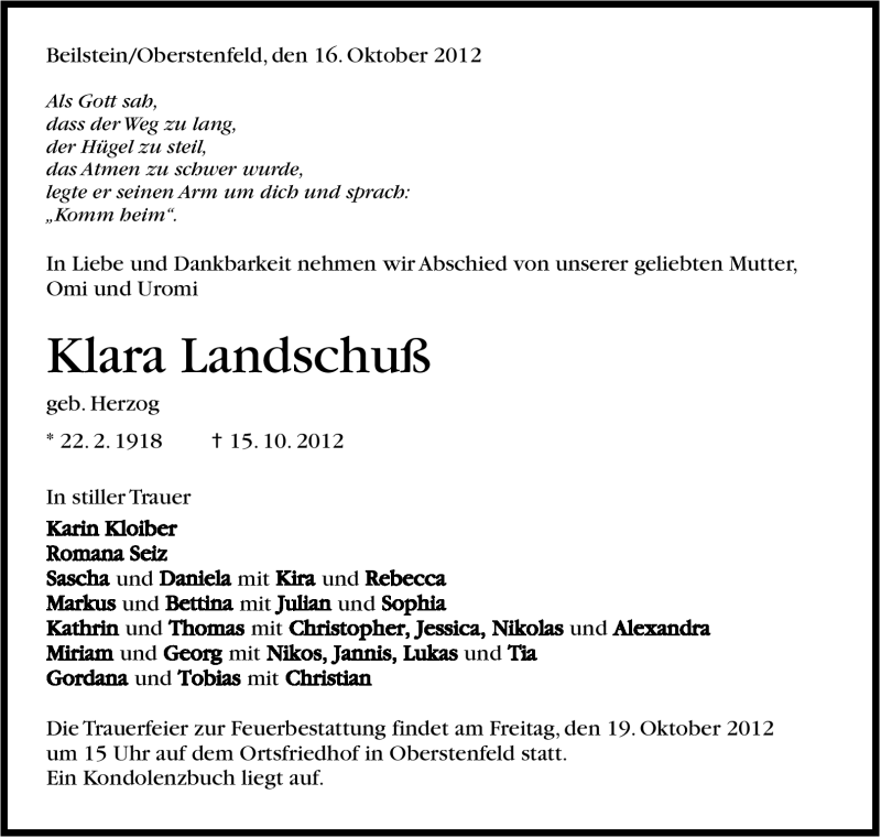  Traueranzeige für Klara Landschuß vom 17.10.2012 aus Marbacher Zeitung
