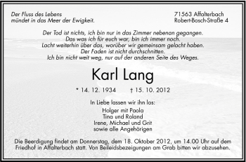 Traueranzeige von Karl Lang von Marbacher Zeitung