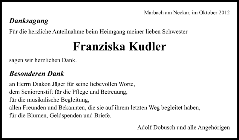  Traueranzeige für Franziska Kudler vom 18.10.2012 aus Marbacher Zeitung