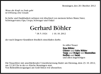 Traueranzeige von Gerhard Böhler von Marbacher Zeitung