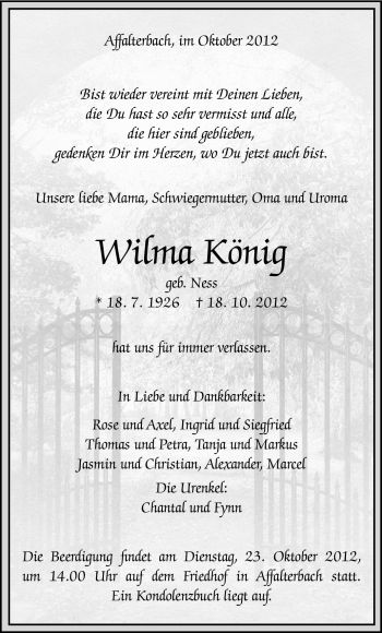Traueranzeige von Wilma König von Marbacher Zeitung