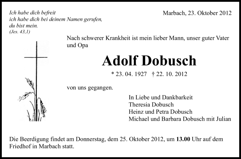  Traueranzeige für Adolf Dobusch vom 23.10.2012 aus Marbacher Zeitung