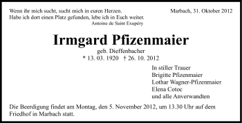 Traueranzeige von Irmgard Pfizenmaier von Marbacher Zeitung