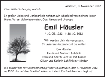 Traueranzeige von Emil Häusler von Marbacher Zeitung