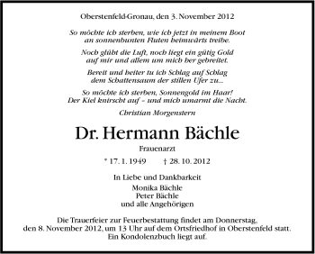 Traueranzeige von Hermann Bächle von Marbacher Zeitung