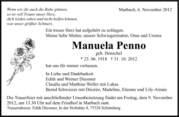 Traueranzeige von Manuela Penno von Marbacher Zeitung