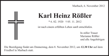 Traueranzeige von Karl Heinz  Rößler von Marbacher Zeitung