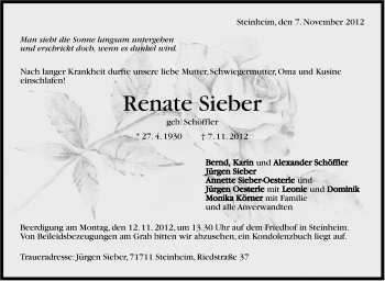 Traueranzeige von Renate Sieber von Marbacher Zeitung