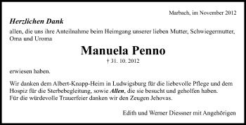 Traueranzeige von Manuela Penno von Marbacher Zeitung