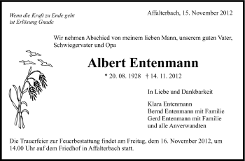 Traueranzeige von Albert Entenmann von Marbacher Zeitung