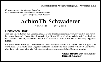 Traueranzeige von Achim Schwaderer von Marbacher Zeitung