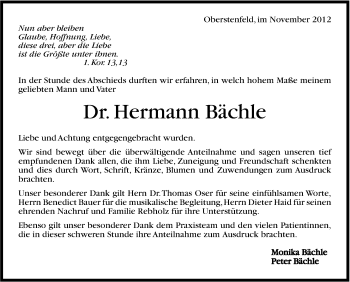 Traueranzeige von Hermann Bächle von Marbacher Zeitung