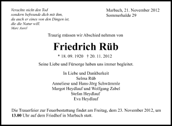 Traueranzeige von Friedrich Rüb von Marbacher Zeitung