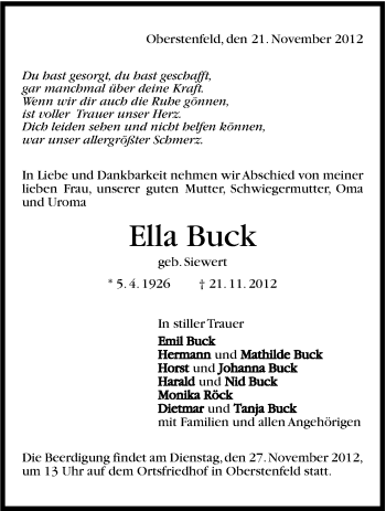 Traueranzeige von Ella Buck von Marbacher Zeitung