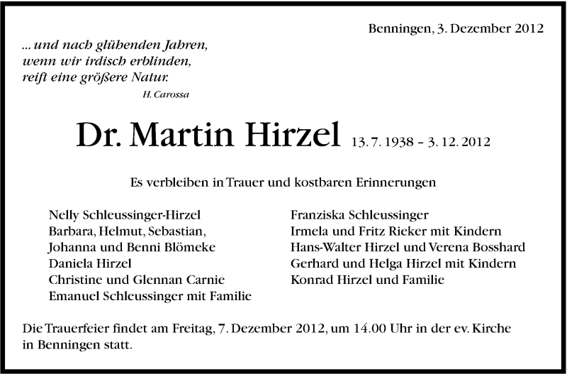  Traueranzeige für Martin Hirzel vom 06.12.2012 aus Marbacher Zeitung