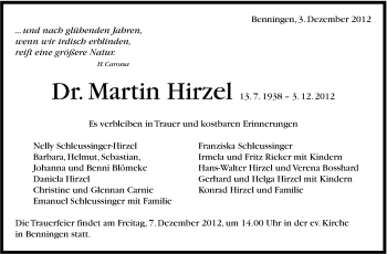 Traueranzeige von Martin Hirzel von Marbacher Zeitung