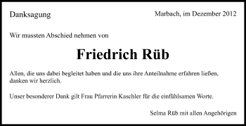 Traueranzeige von Friedrich Rüb von Marbacher Zeitung