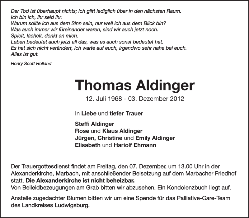  Traueranzeige für Thomas Aldinger vom 05.12.2012 aus Stuttgarter Zeitung / Stuttgarter Nachrichten