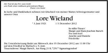 Traueranzeige von Lore Wieland von Marbacher Zeitung
