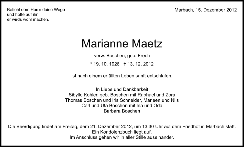  Traueranzeige für Marianne Maetz vom 15.12.2012 aus Marbacher Zeitung
