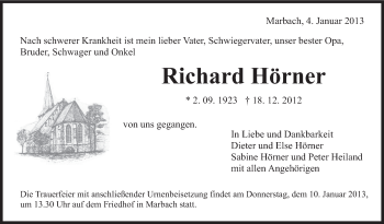 Traueranzeige von Richard Hörner von Marbacher Zeitung