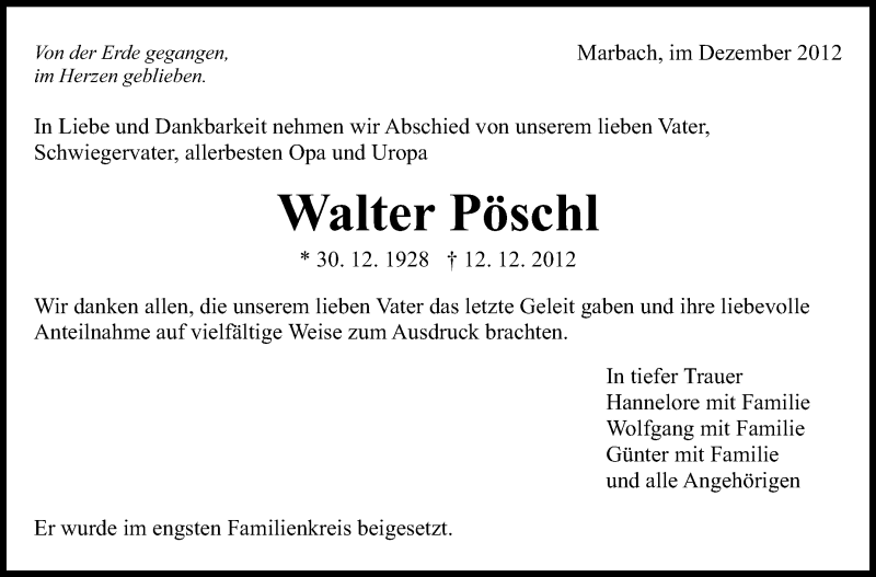  Traueranzeige für Walter Pöschl vom 22.12.2012 aus Marbacher Zeitung