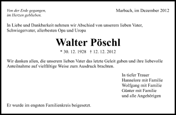 Traueranzeige von Walter Pöschl von Marbacher Zeitung