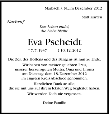 Traueranzeige von Eva Pscheidt von Marbacher Zeitung