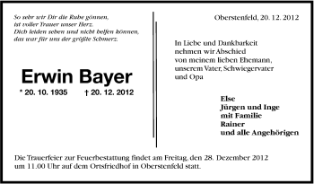 Traueranzeige von Erwin Bayer von Marbacher Zeitung