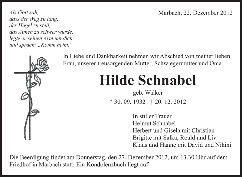  Traueranzeige für Hilde Schnabel vom 22.12.2012 aus Marbacher Zeitung