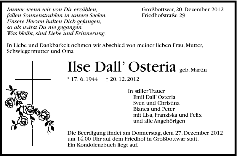  Traueranzeige für Ilse Dall'Osteria vom 22.12.2012 aus Marbacher Zeitung