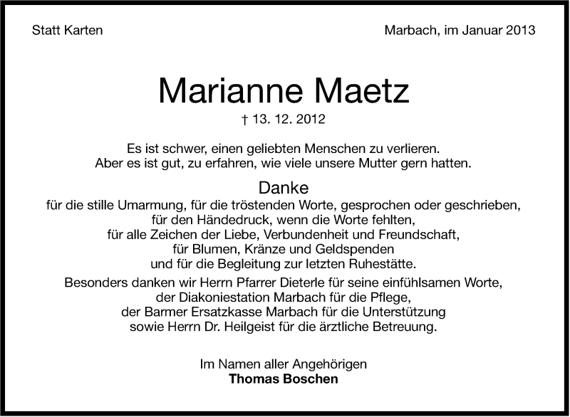  Traueranzeige für Marianne Maetz vom 05.01.2013 aus Marbacher Zeitung