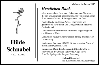 Traueranzeige von Hilde Schnabel von Marbacher Zeitung