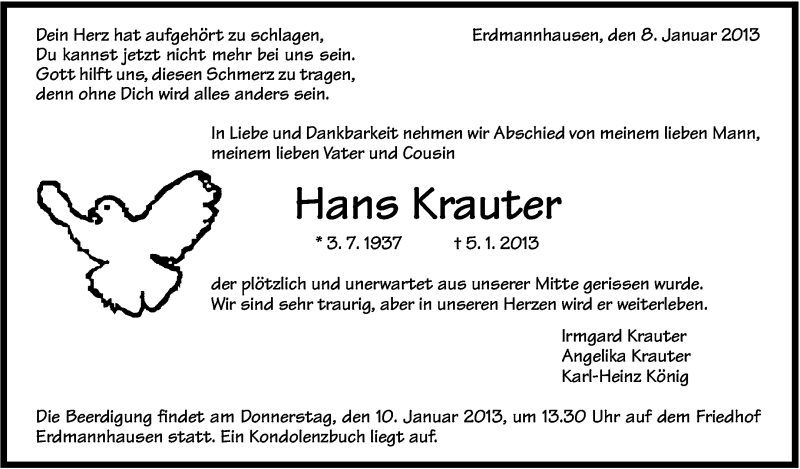  Traueranzeige für Hans Krauter vom 08.01.2013 aus Marbacher Zeitung