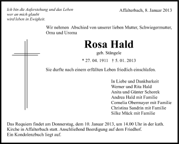 Traueranzeige von Rosa Hald von Marbacher Zeitung
