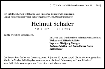 Traueranzeige von Helmut Schäfer von Marbacher Zeitung