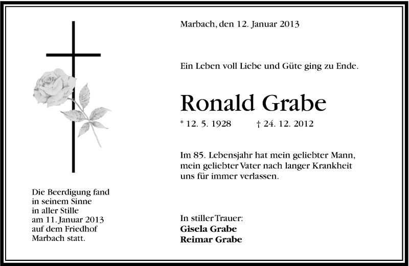  Traueranzeige für Ronald Grabe vom 12.01.2013 aus Marbacher Zeitung