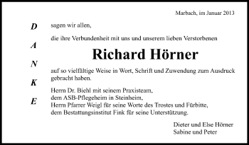 Traueranzeige von Richard Hörner von Marbacher Zeitung