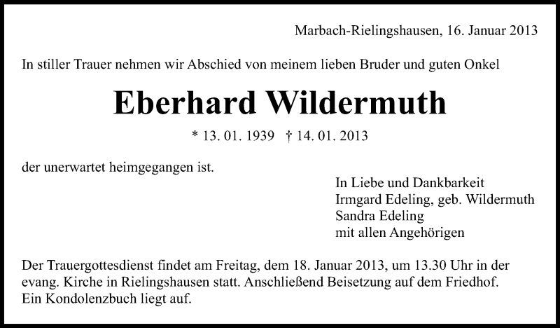  Traueranzeige für Eberhard Wildermuth vom 16.01.2013 aus Marbacher Zeitung