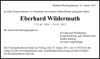 Traueranzeige von Eberhard Wildermuth von Marbacher Zeitung
