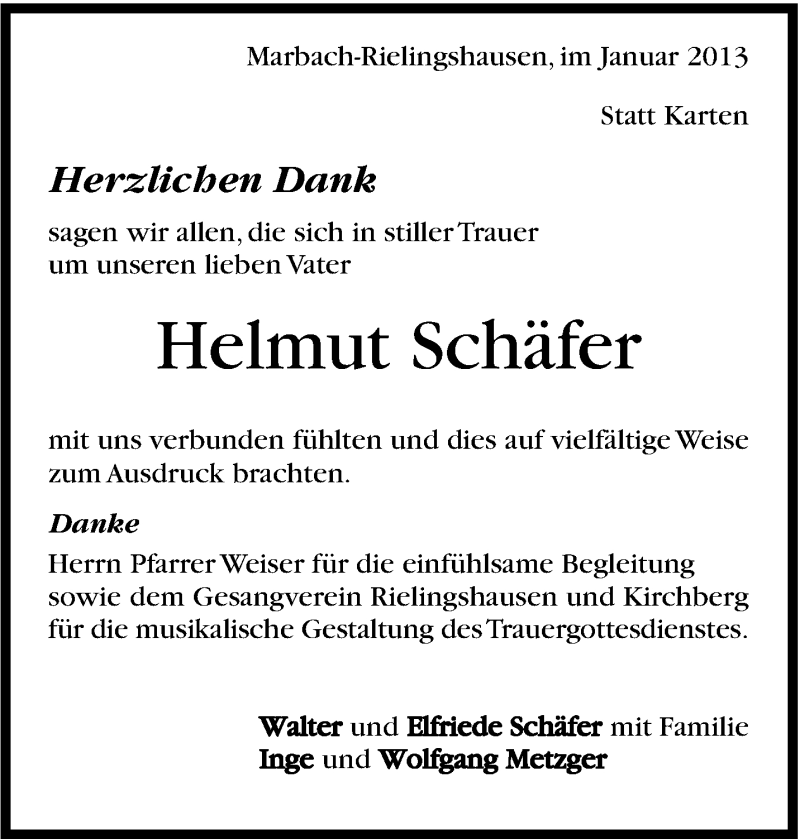  Traueranzeige für Helmut Schäfer vom 19.01.2013 aus Marbacher Zeitung