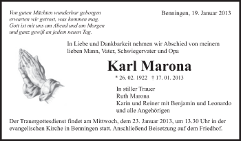 Traueranzeige von Karl Marona von Marbacher Zeitung