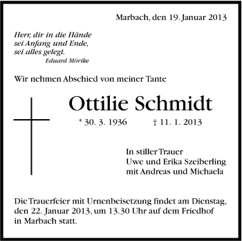 Traueranzeige von Ottilie Schmidt von Marbacher Zeitung