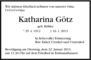 Traueranzeige von Katharina Götz von Marbacher Zeitung