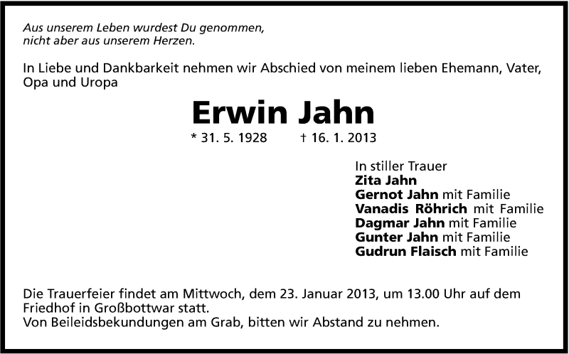 Traueranzeige für Erwin Jahn vom 19.01.2013 aus Marbacher Zeitung